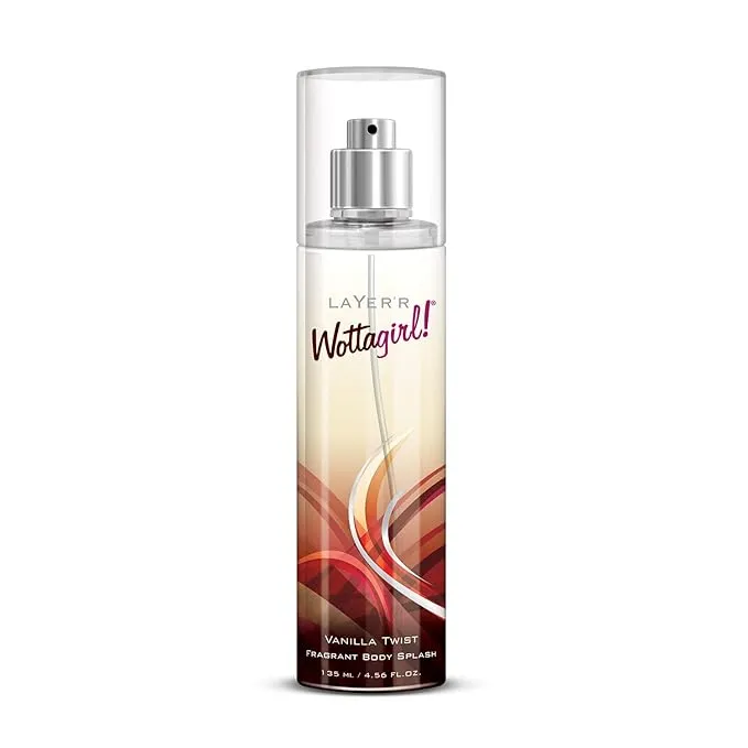 Clear perfume spray bottle with abstract red and beige design on the label.