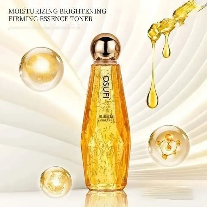 Golden essence toner bottle with dropper, gold bubbles, and a shimmery background.
