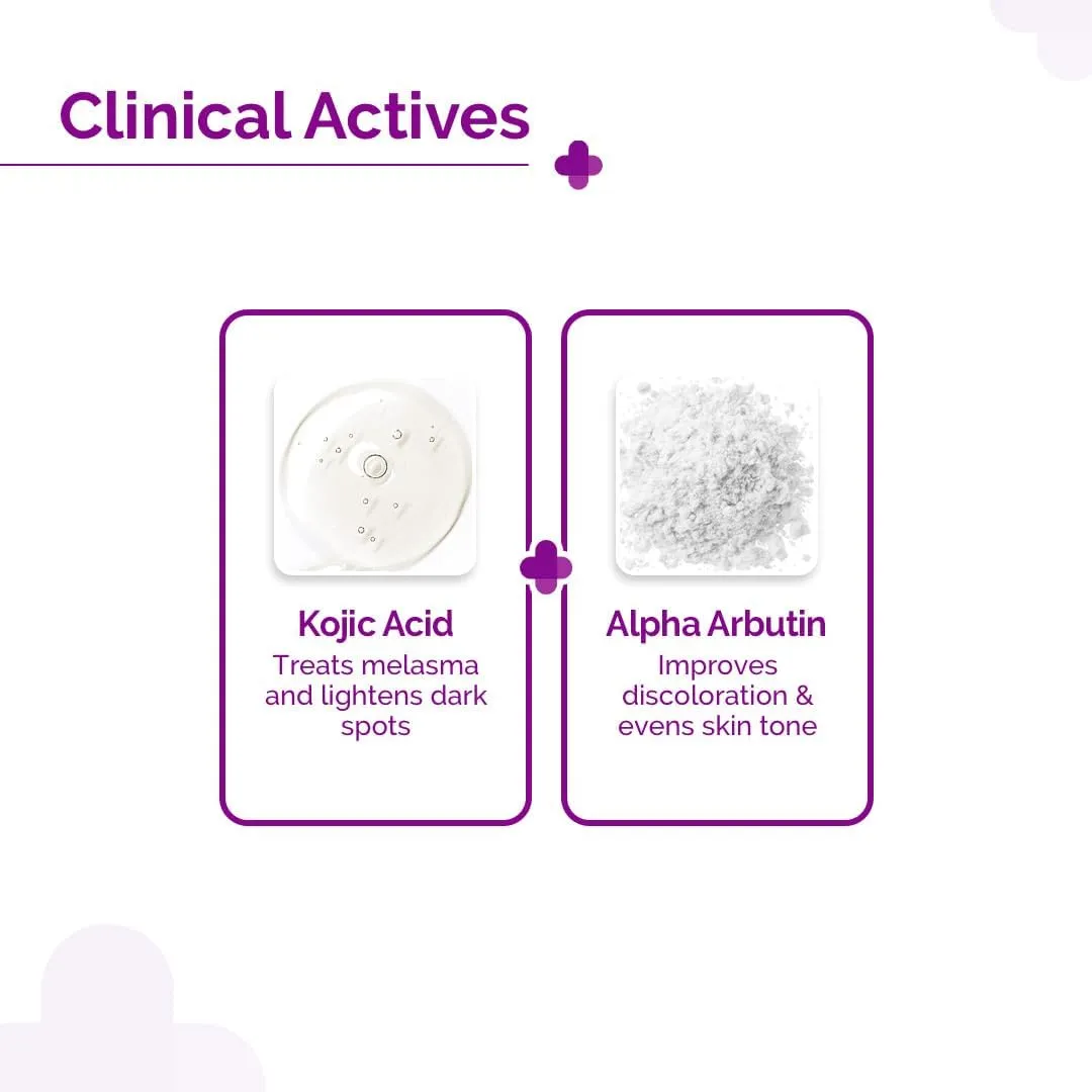 Two panels showing kojic acid and alpha arbutin with descriptions and gray illustrations.