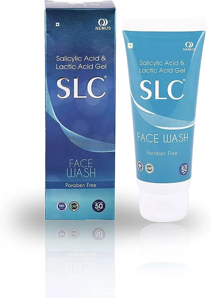 SLC face wash tube and box with blue and white design on a white background.