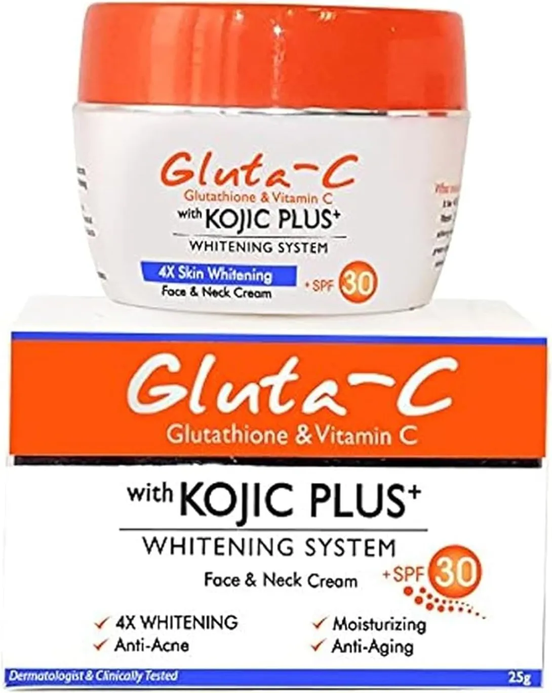 Gluta-C Kojic Plus whitening cream jar and packaging with orange and white design.