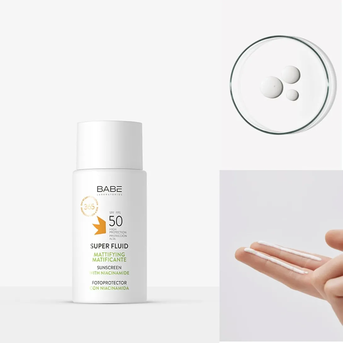 White sunscreen bottle with SPF 50, lotion on skin, and sunscreen shown in a circular dish.