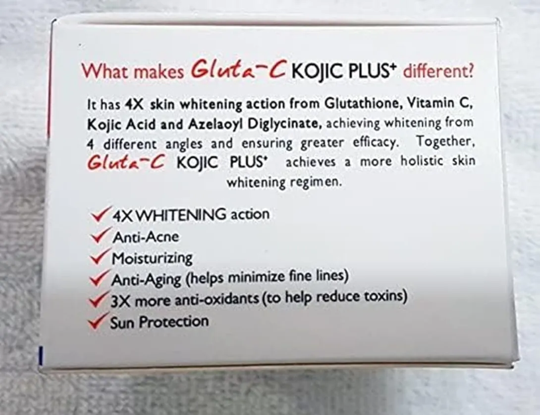 Gluta-C Kojic Plus product packaging listing benefits like whitening, anti-acne, and sun protection.