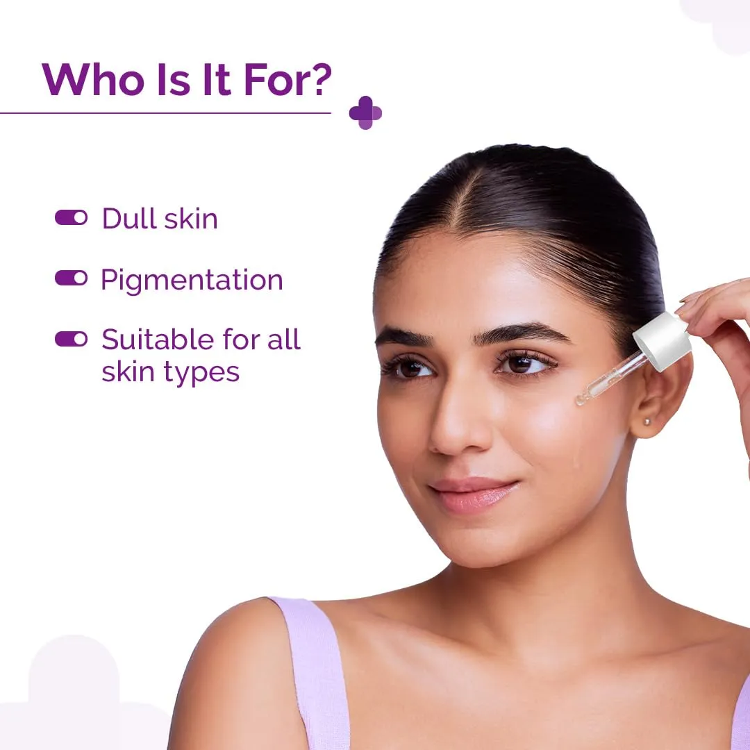 Woman applying serum to her face with dropper against a white background.