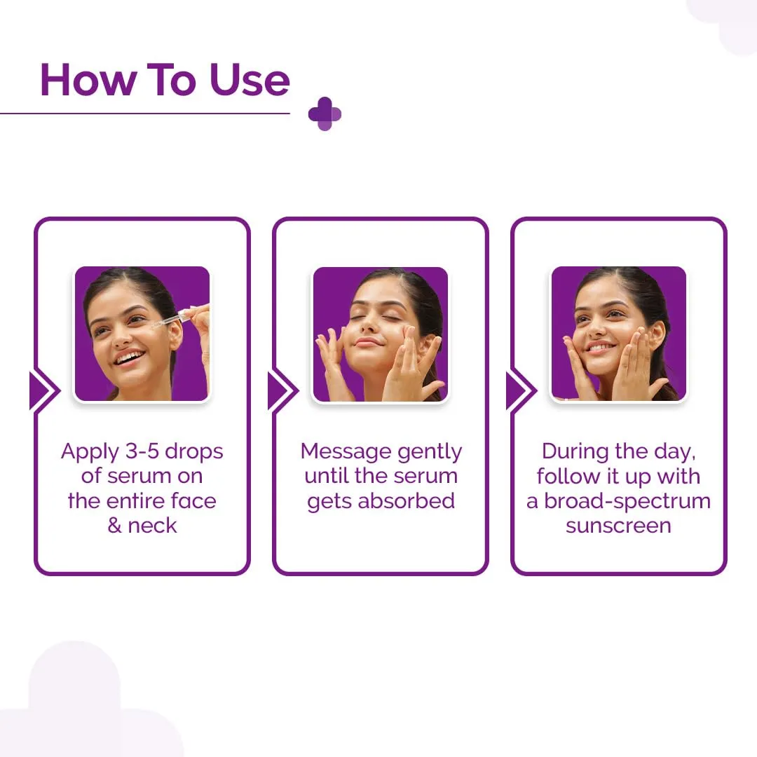 Woman applying serum to face and neck in three skincare steps, smiling against a purple background.