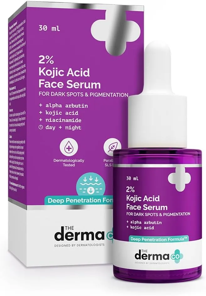 Purple and white Derma Co. 2% Kojic Acid Face Serum box and dropper bottle.