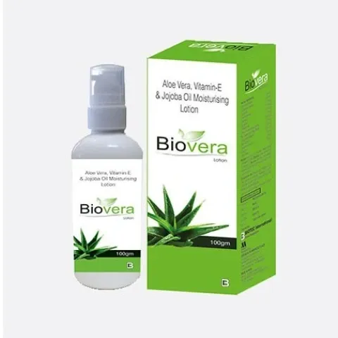Biovera lotion bottle with pump and green box featuring aloe vera leaf graphic.