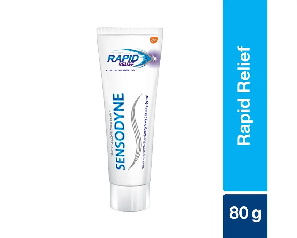 Sensodyne Rapid Relief toothpaste tube with blue and white packaging, 80 grams.