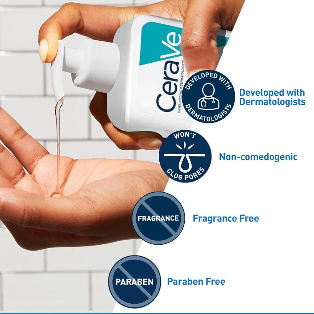 CeraVe cleanser being poured onto a hand against a white tiled background.
