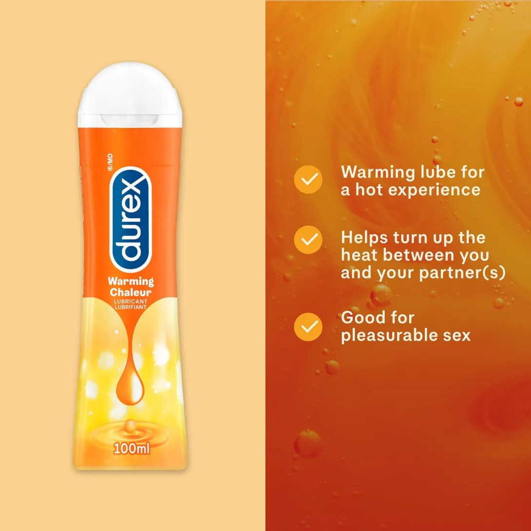Durex Warming Lubricant bottle with orange background and product benefits listed.
