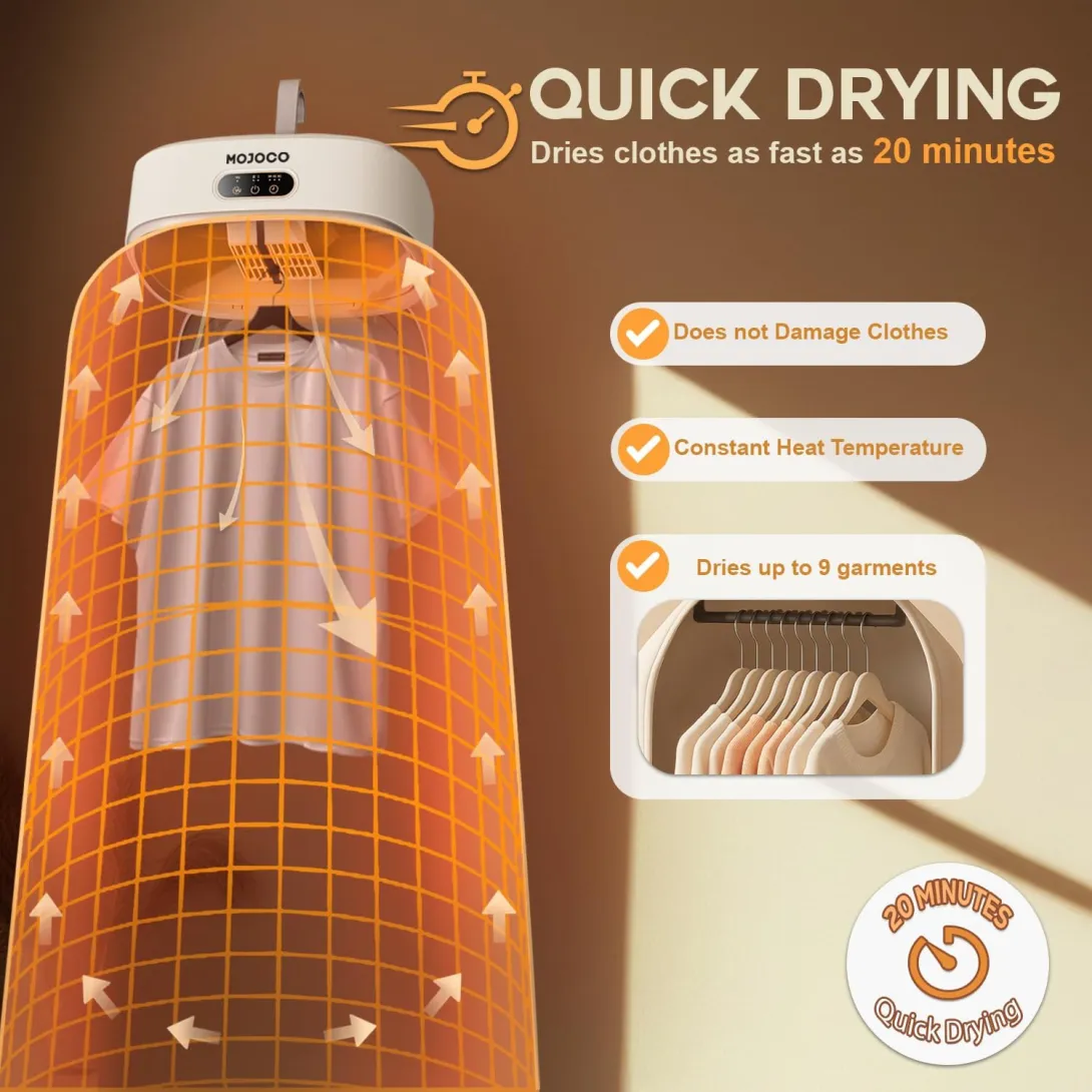 Orange drying machine cover with shirt inside, showcasing quick drying features and settings.