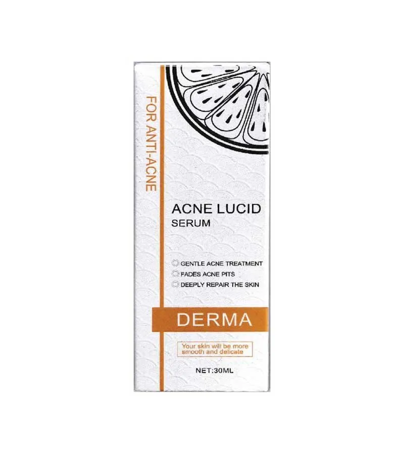 Derma Acne Lucid Serum product packaging with orange and black design elements.