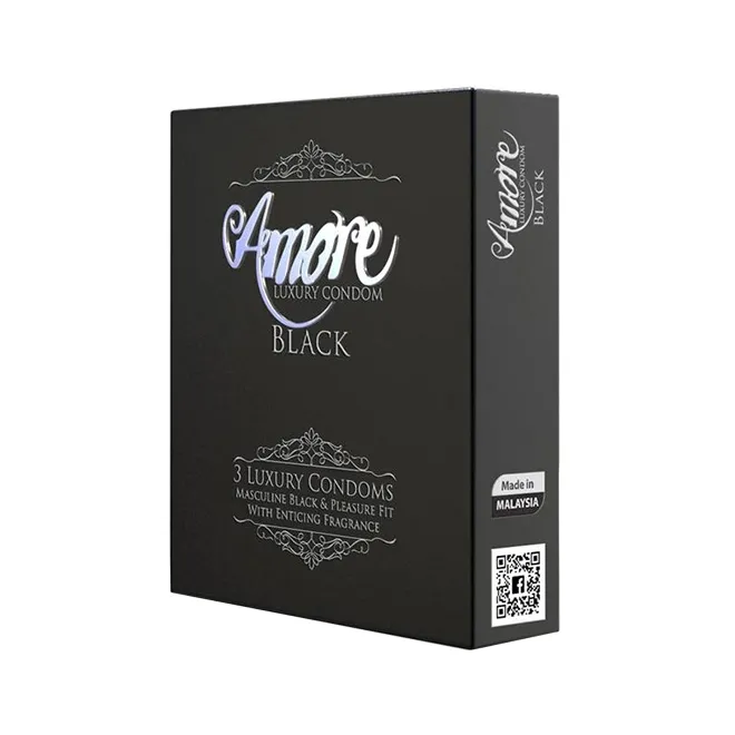 Black Amore condom box with silver and white lettering, shown at an angle.