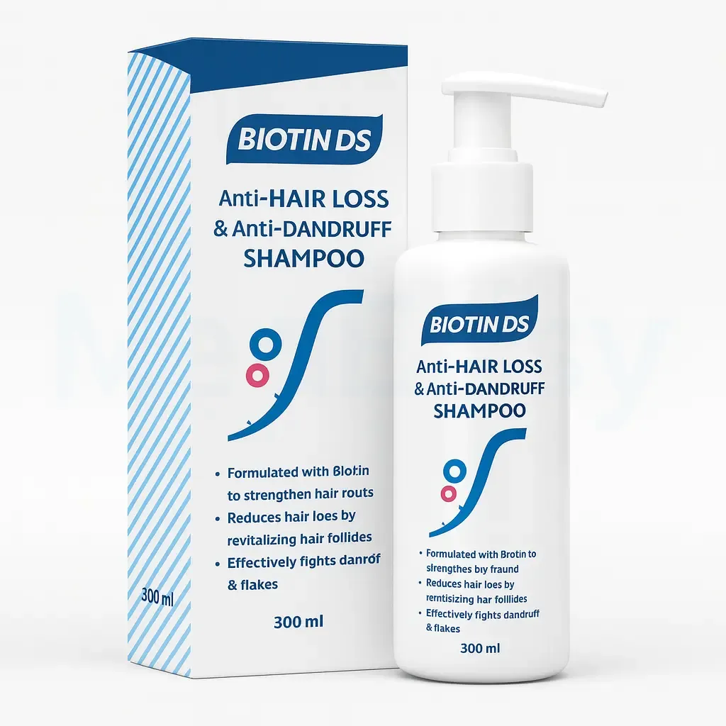 Biotin DS anti-hair loss and anti-dandruff shampoo bottle with its box packaging.