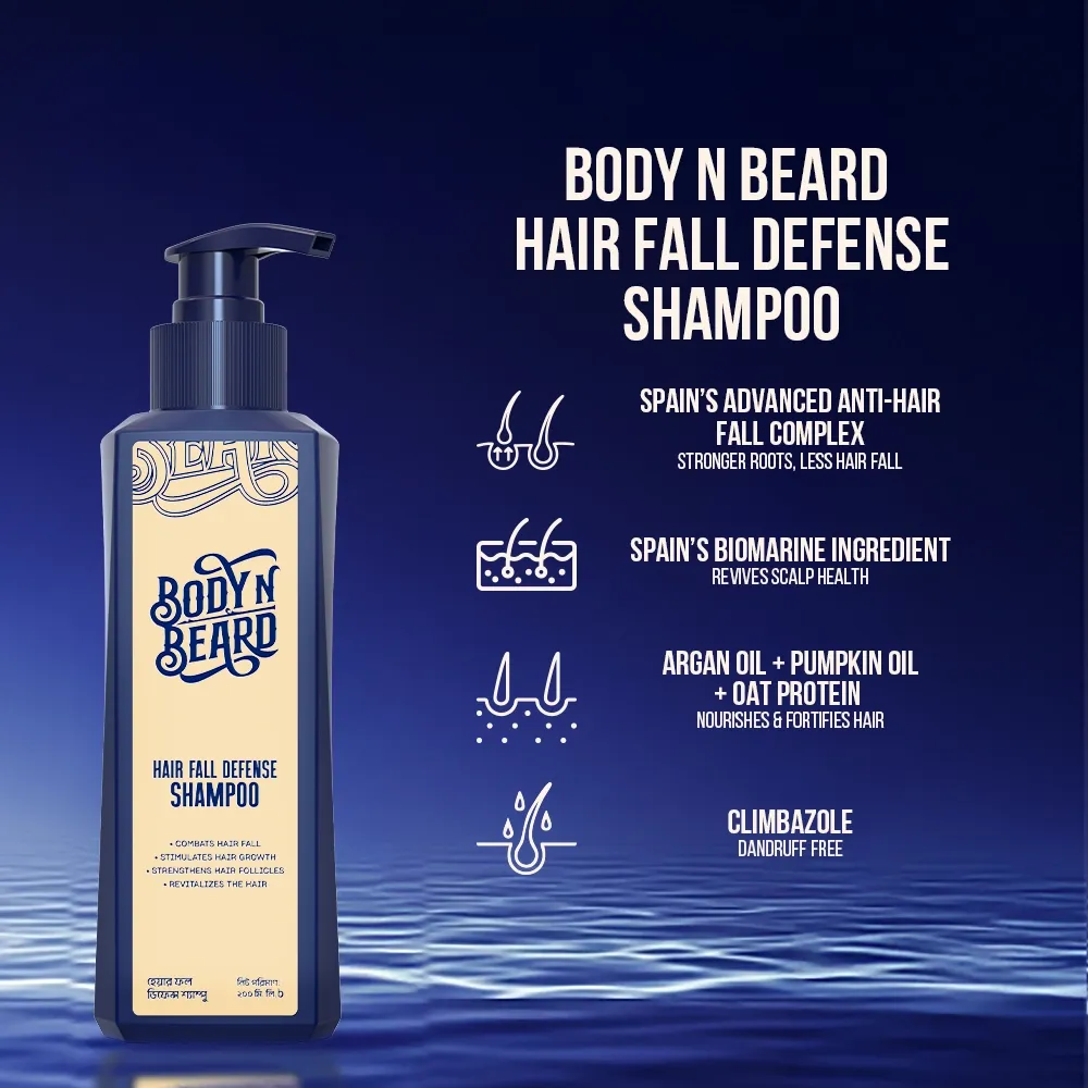Body N Beard Hair Fall Defense Shampoo bottle on a blue background with product benefits listed.