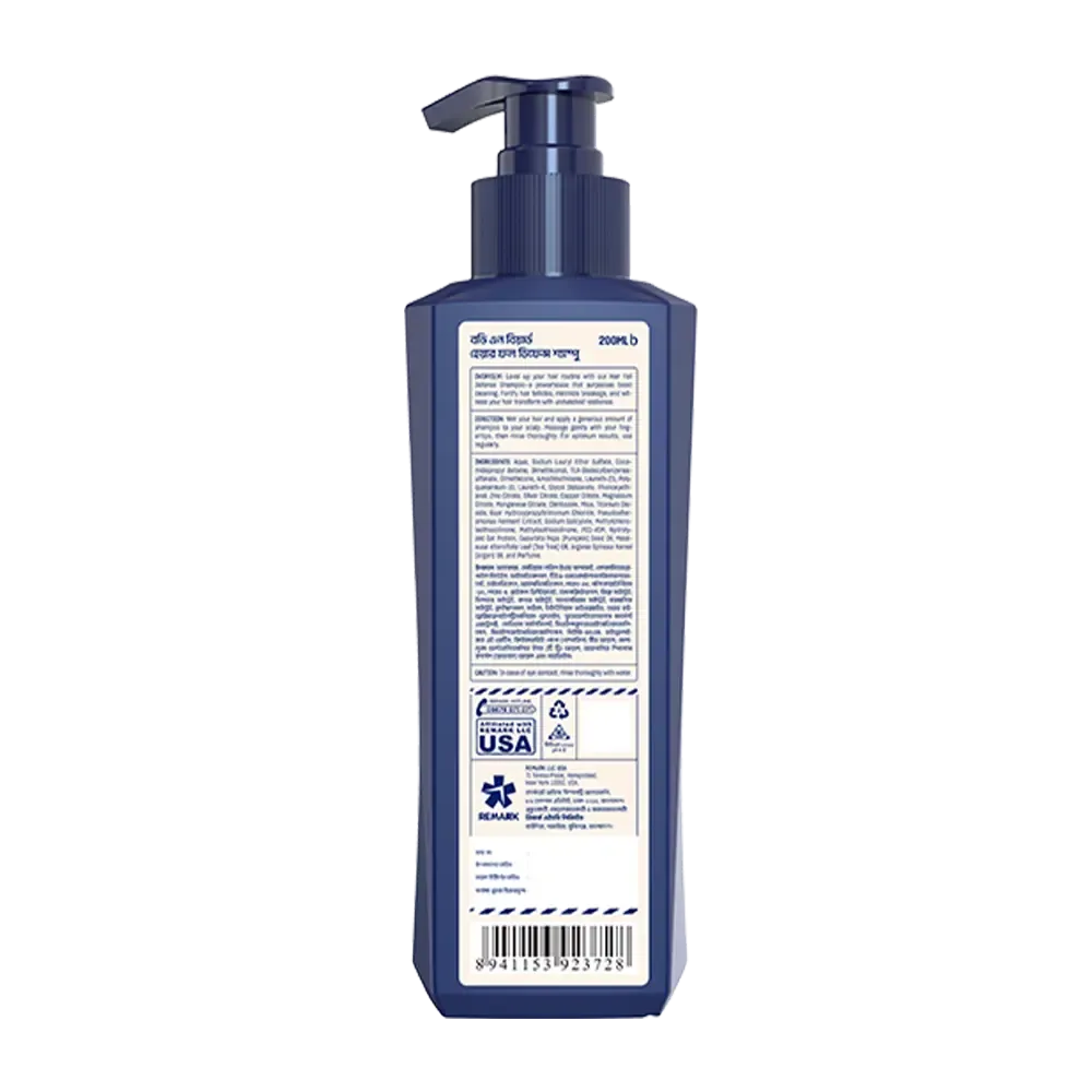 Blue rectangular pump bottle with a white label showing back product information.