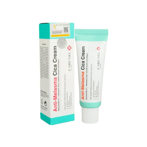 Tube and box of Anti-Melasma Cica Cream with teal and white packaging.
