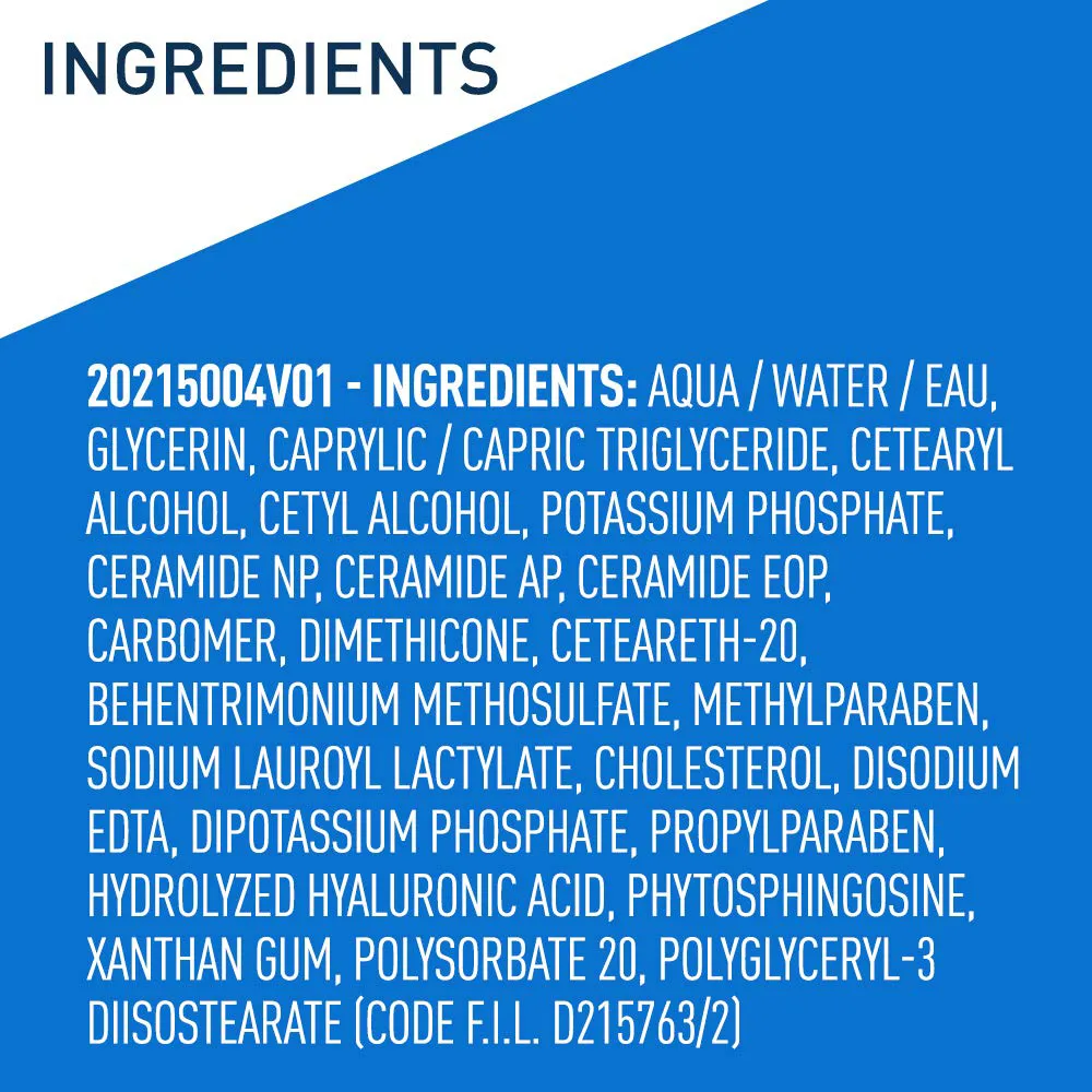 List of skincare product ingredients on a blue and white background.