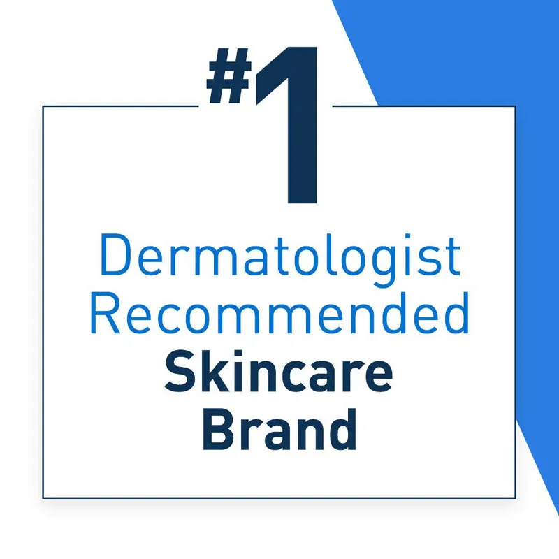 Number one dermatologist recommended skincare brand graphic with blue and white design.