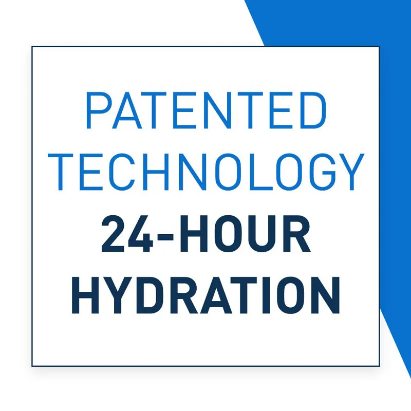 White square with blue text highlighting 24-hour hydration and patented technology.
