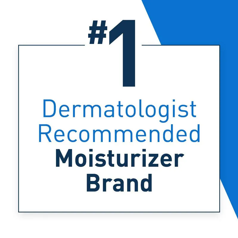 Graphic with blue and black text highlighting a moisturizer is dermatologist recommended.
