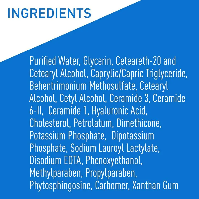 List of skincare ingredients on a blue background.