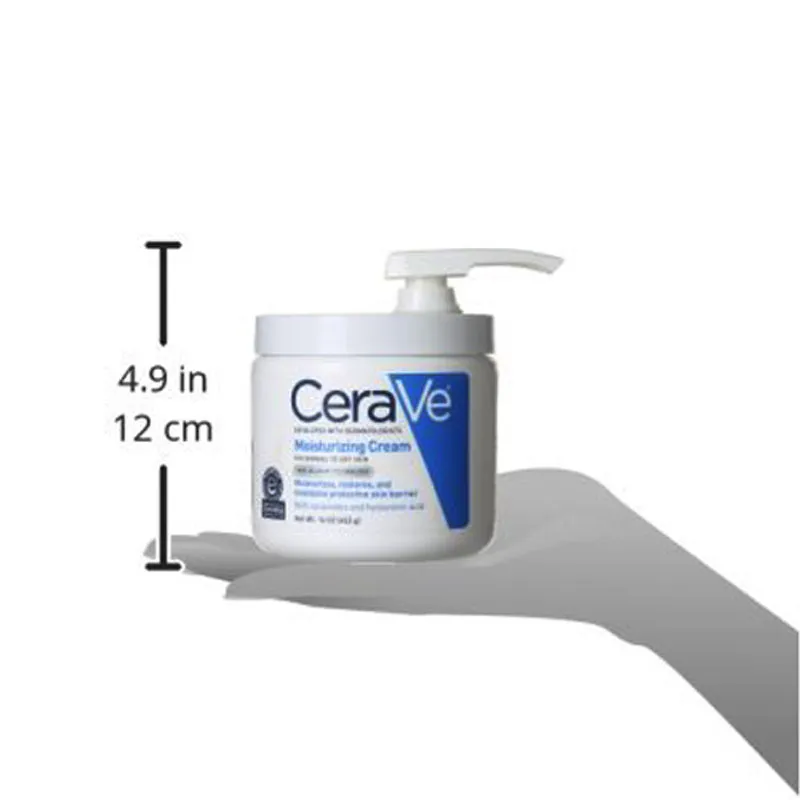 CeraVe moisturizing cream with pump shown on a hand, height 4.9 inches or 12 cm.