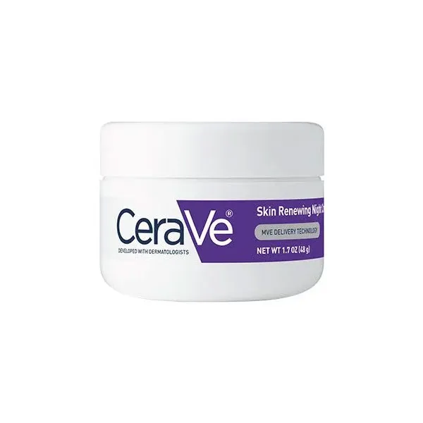 CeraVe Skin Renewing Night Cream in a white jar with purple label.