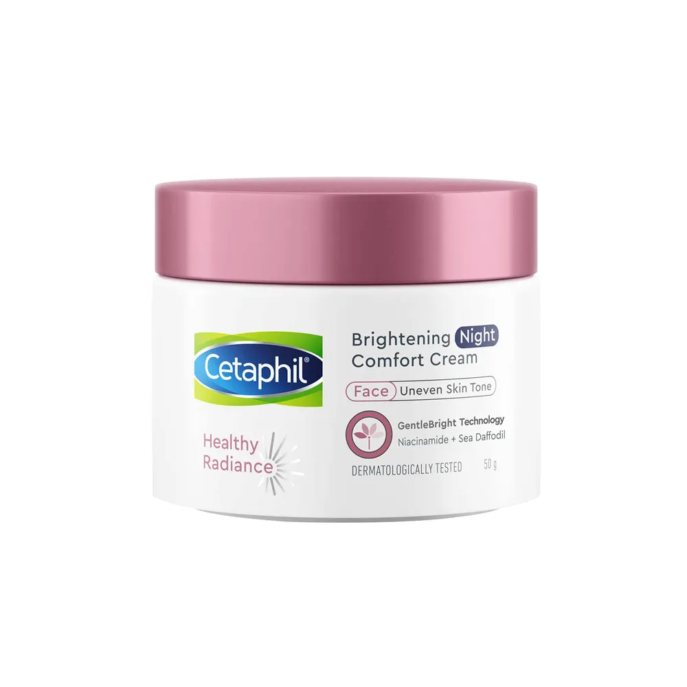Cetaphil Brightening Night Comfort Cream jar with a pink lid and white label.