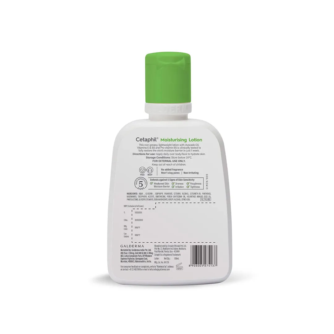 White bottle of Cetaphil moisturizer with green cap, shown from the back.