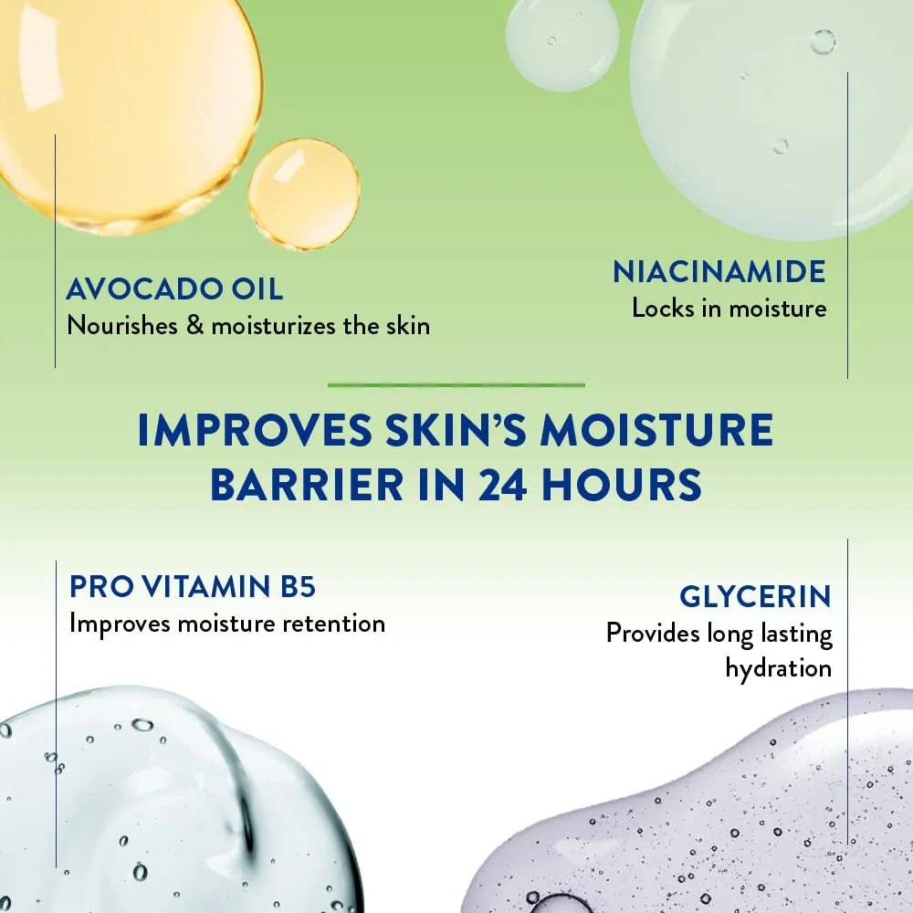 Colorful skincare ingredients with text labeling avocado oil, niacinamide, pro vitamin B5, and glycerin.