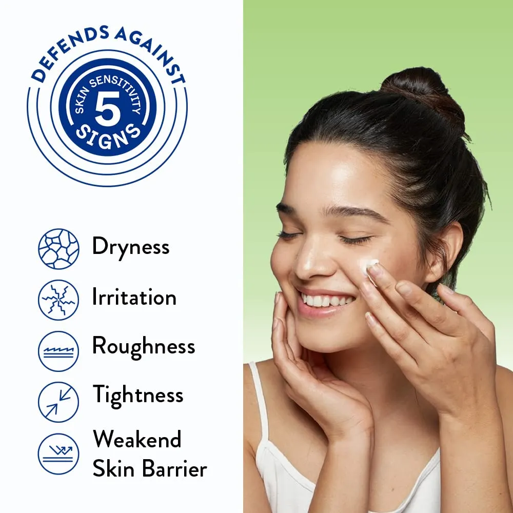 Smiling woman applies cream to her face with skincare benefit icons and text beside her.