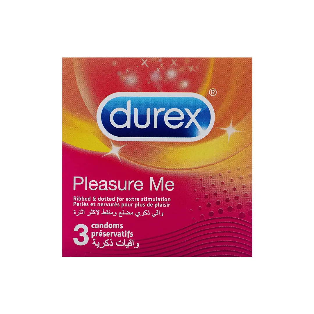 Durex Pleasure Me condom packaging with red and orange gradient design