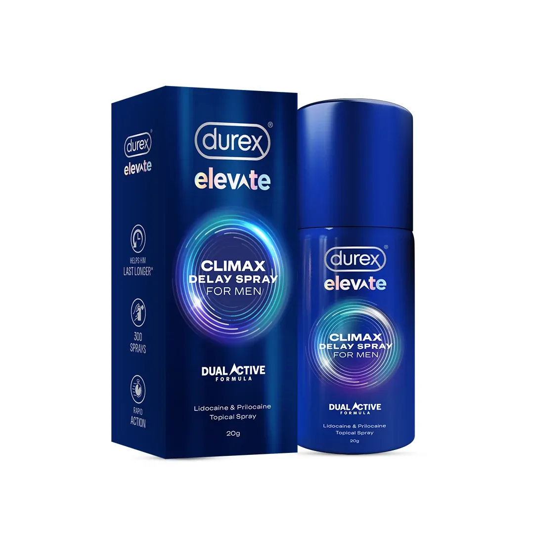 Durex Elevate Climax Delay Spray for Men with product box and spray bottle.