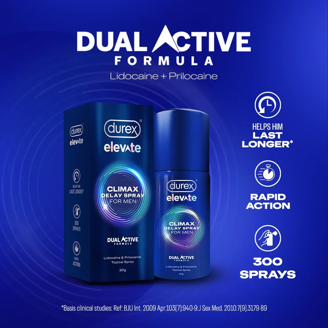 Durex Elevate Climax Delay Spray and box on a blue background with product features.