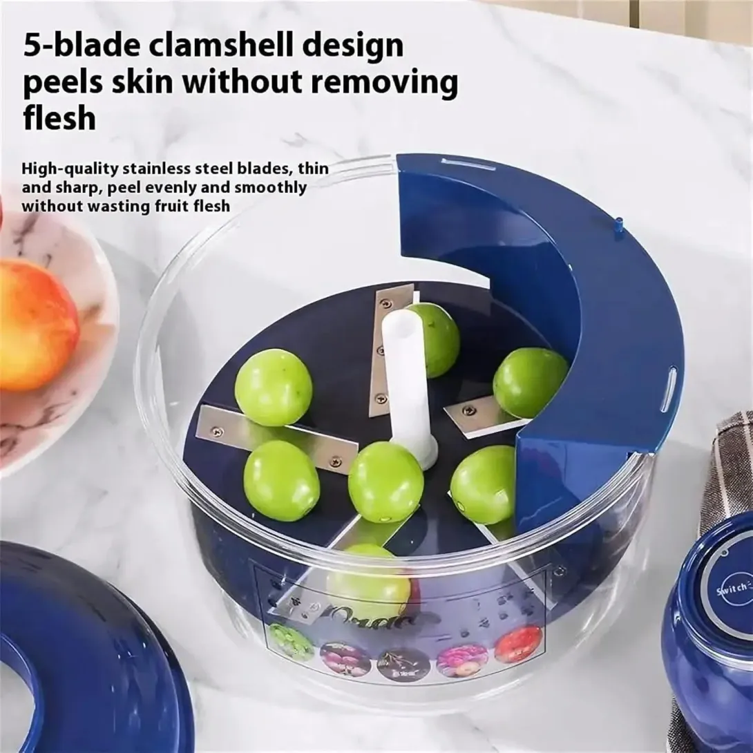 Multi-blade fruit peeler with green apples inside a clear round container on a kitchen counter.