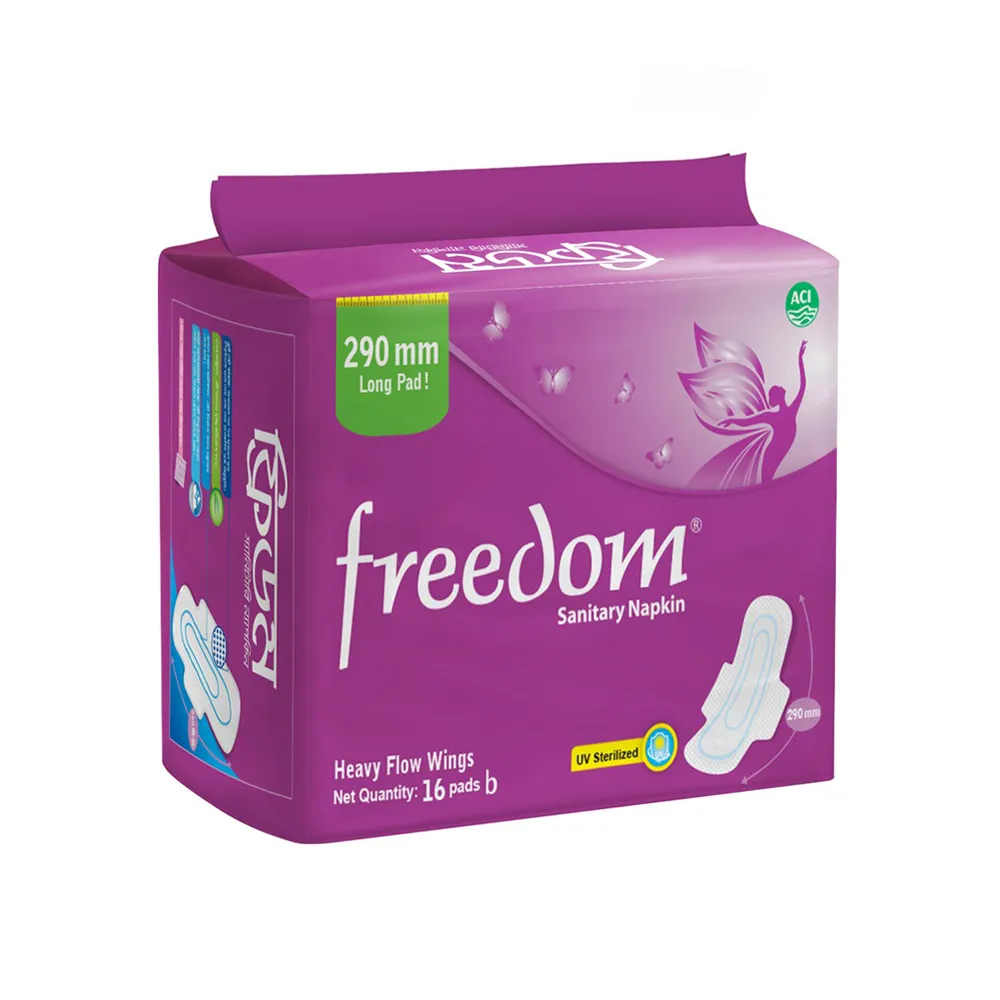 Purple package of Freedom sanitary napkins with an illustration of a sanitary pad and a fairy.