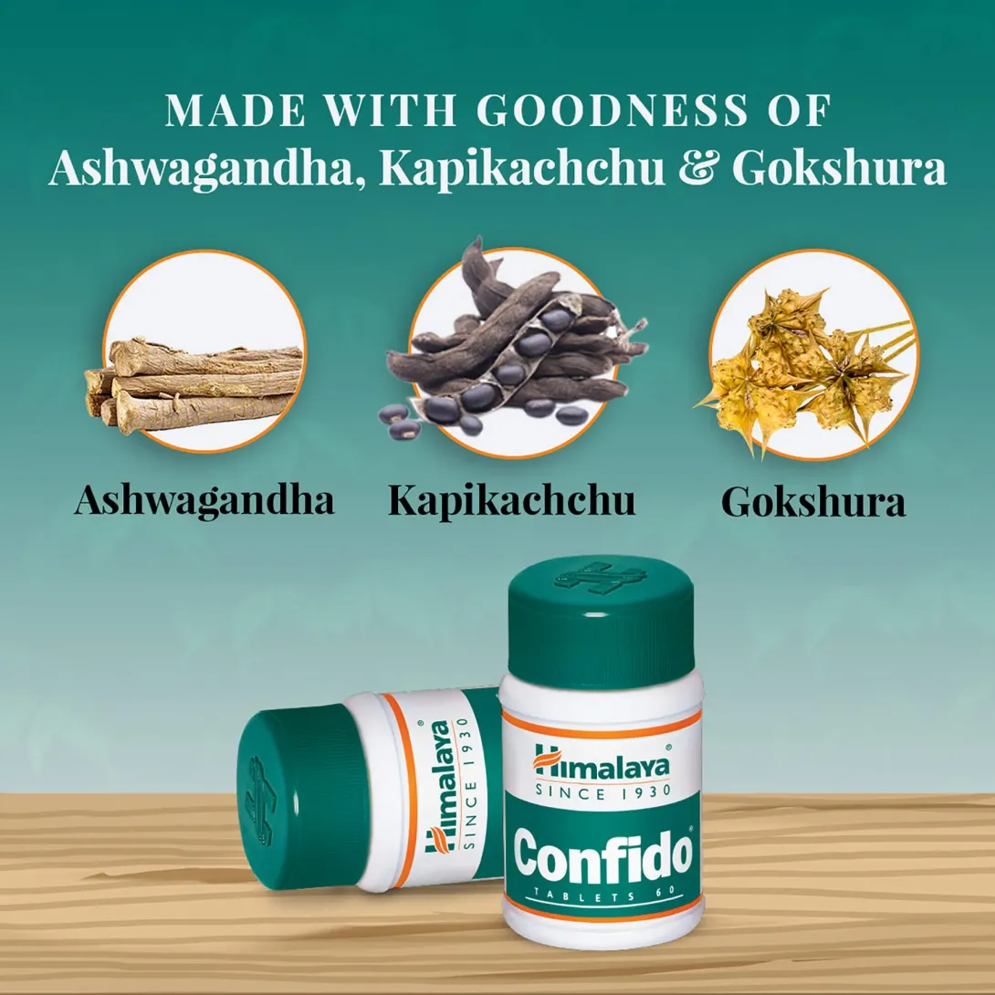 Himalaya Confido bottle on a wooden surface with images of Ashwagandha, Kapikacchu, and Gokshura.
