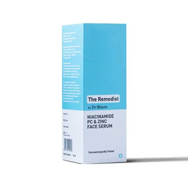 Rectangular blue and white box for The Remedy Niacinamide PC & Zinc Face Serum.