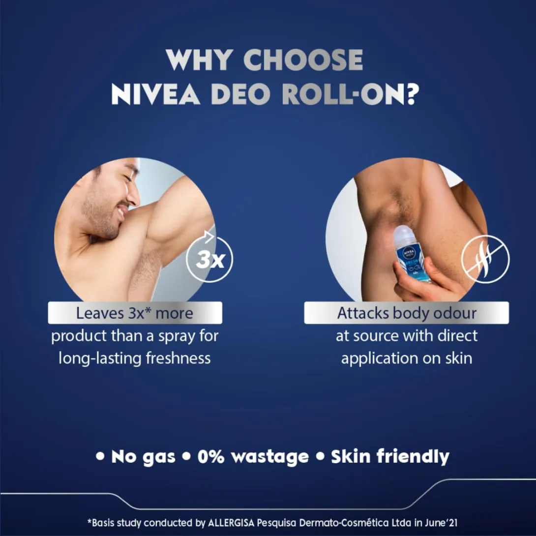 Man applying Nivea roll-on deodorant to armpit, blue background with product benefits listed.