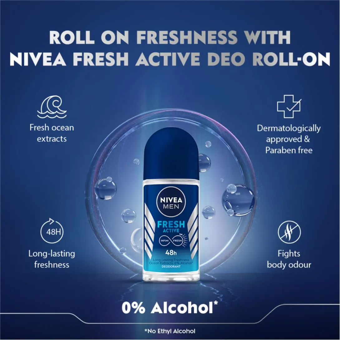 Nivea Fresh Active Deo Roll-On bottle with fresh and clean blue design, surrounded by bubbles.