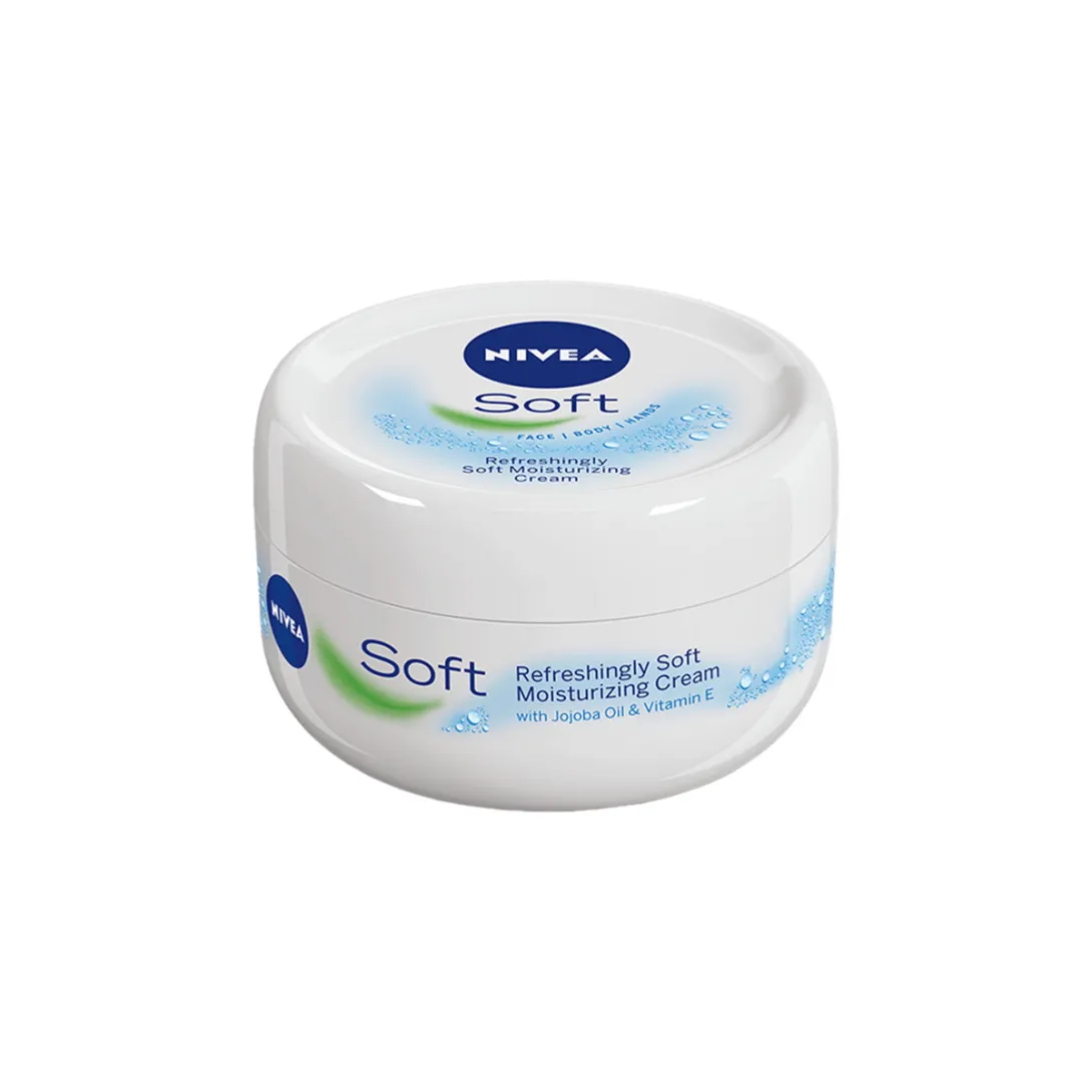 Nivea Soft moisturizing cream white container with blue and green accents.