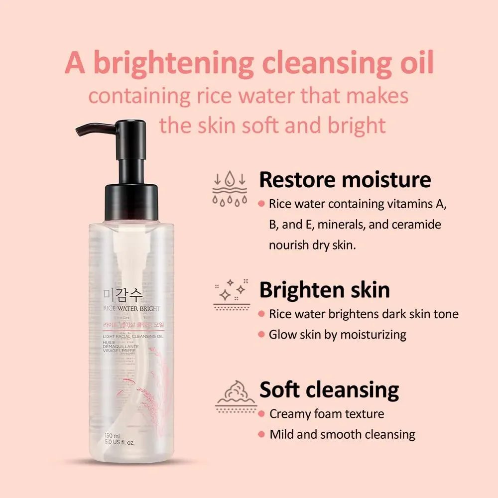 Clear cleansing oil bottle with pump on a pink background and product benefit text.
