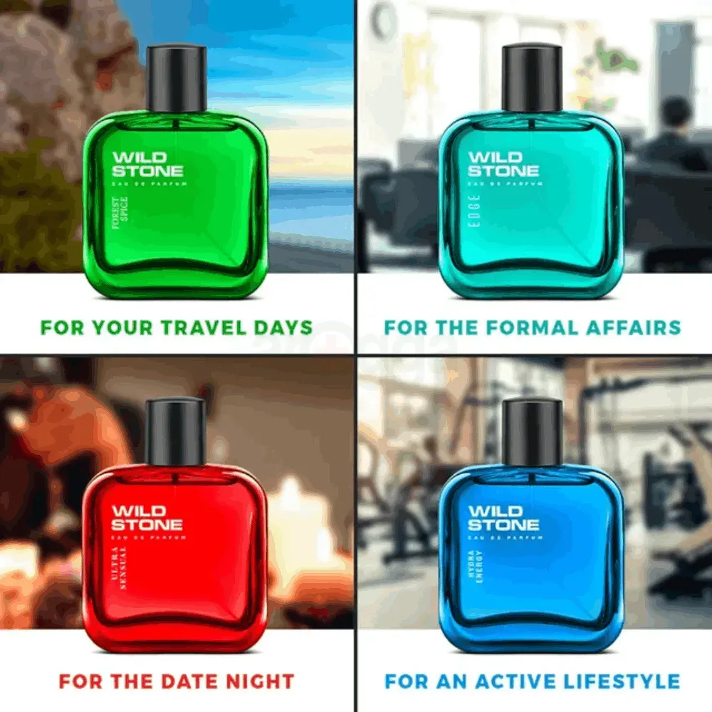 Four Wild Stone perfume bottles in different colors, each set against a themed background.