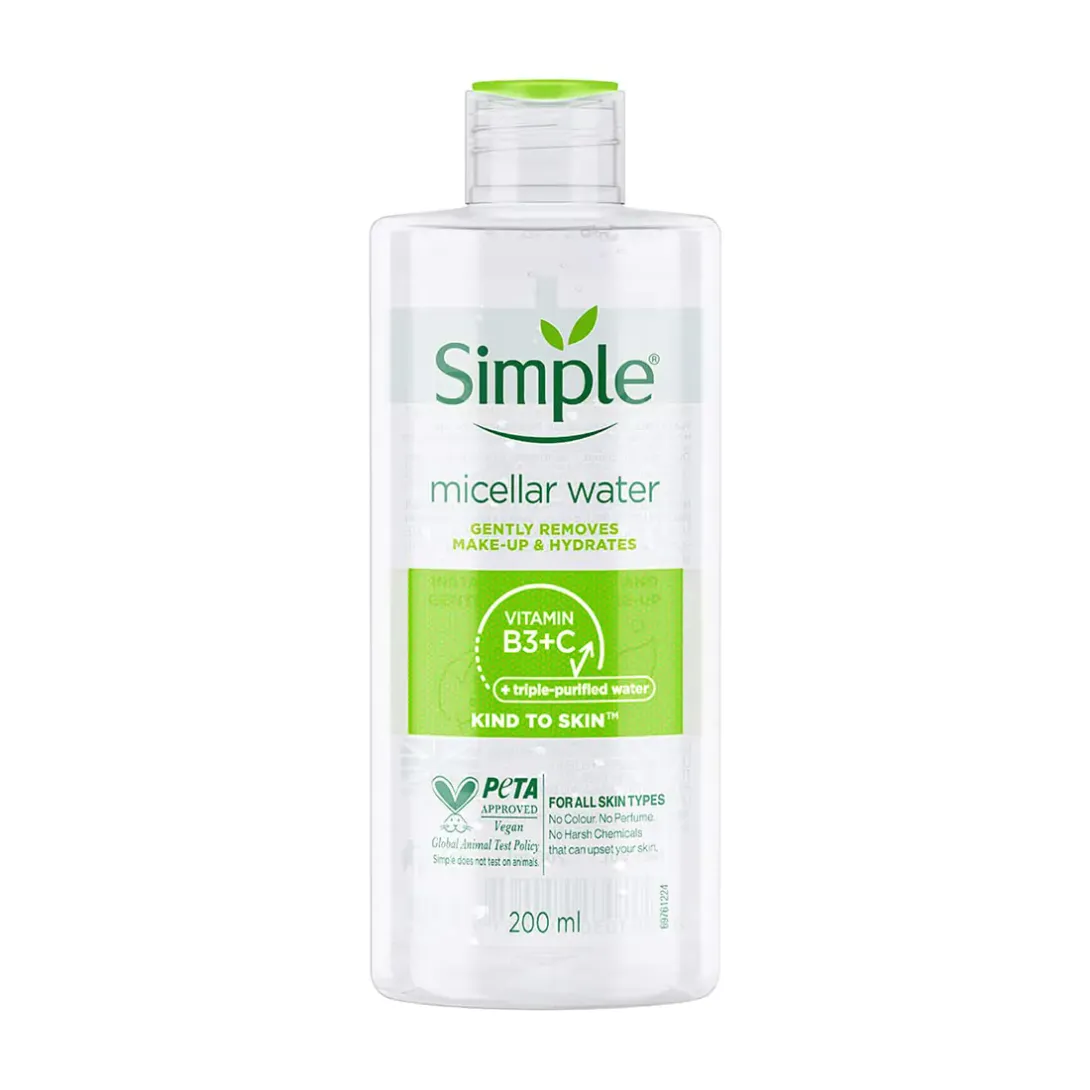 Simple micellar water bottle with green and white label on a white background.