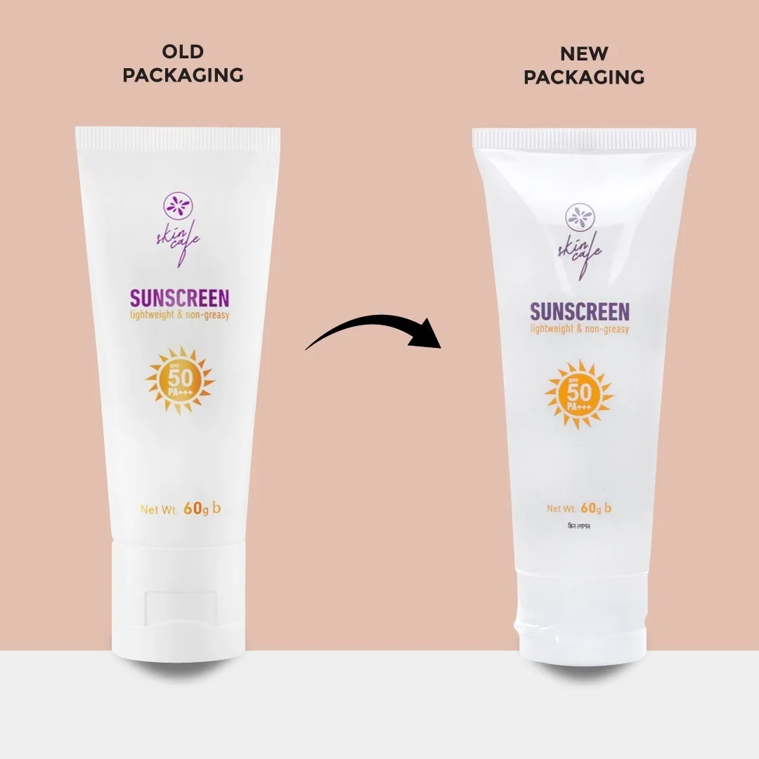 Comparison of sunscreen tubes showing old and new packaging designs side by side.
