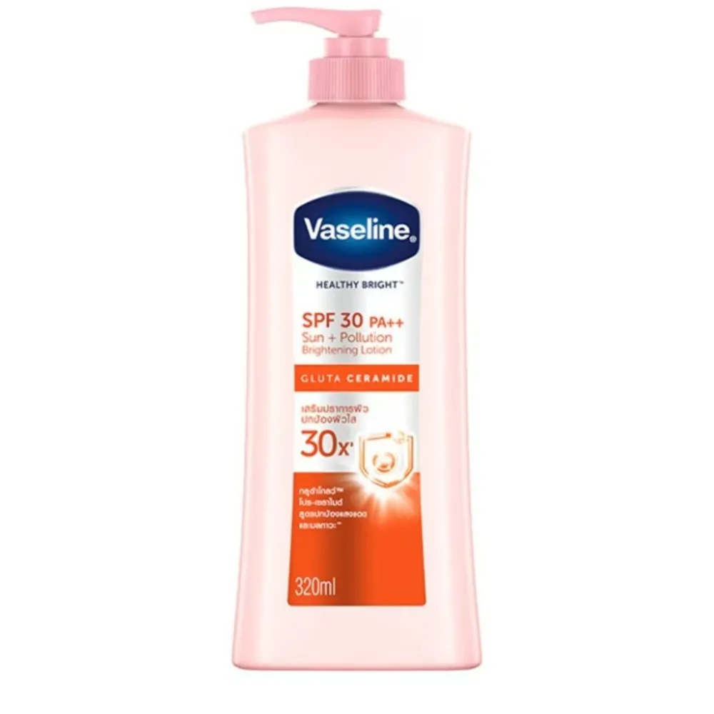 Vaseline Healthy Bright SPF 30 body lotion in a pink pump bottle.