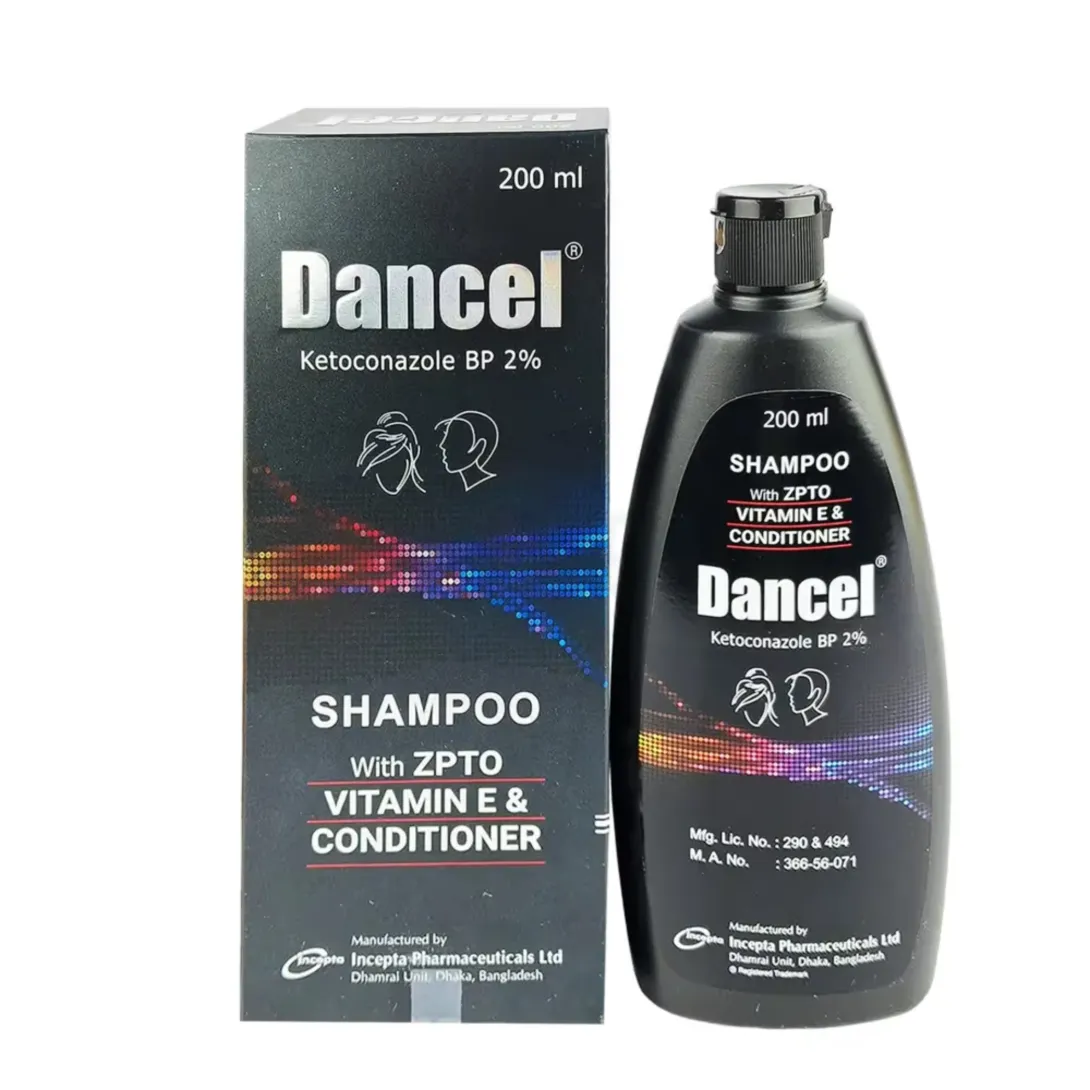 Dancel shampoo bottle and box with colorful design and white text on black background.