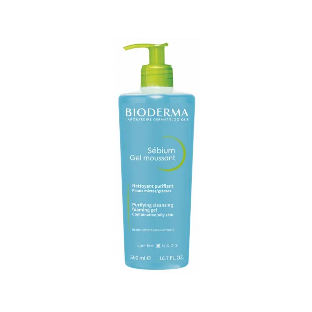 Blue Bioderma cleansing gel bottle with a green pump dispenser.