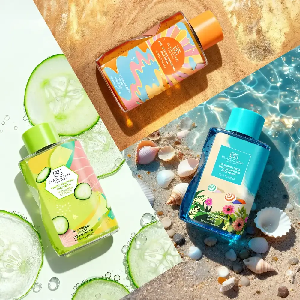 Three colorful skincare bottles displayed with cucumbers, seashells, and water backgrounds.